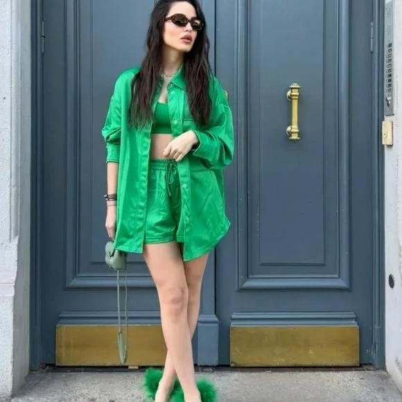 Zara Tops - ZARA 2 PIECE SATIN OVERSHIRT AND MATCHING SHORTS GREEN